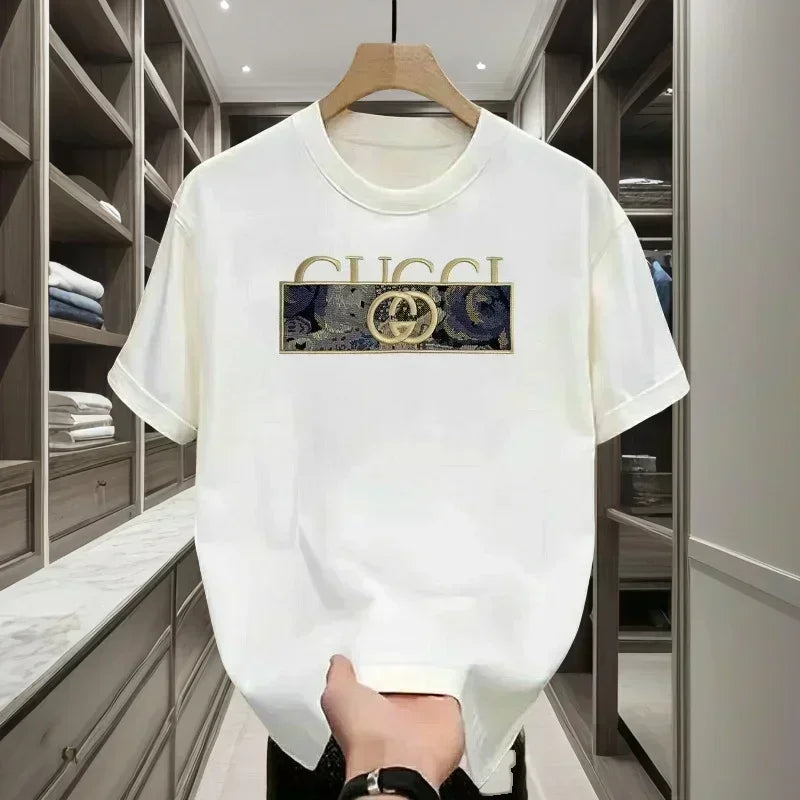 Summer 2025 New Brand Luxury Letter Pattern Printed Men's 100% Pure Cotton Short Sleeve Round Neck T-shirt