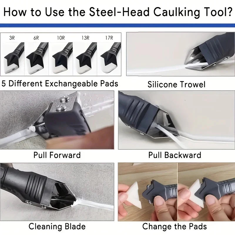 Caulking Tool Set with Metal and Silicone Heads - Manual Sealant Applicator for Precision Finishing,Durable Plastic Construction